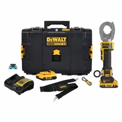 This DEWALT crimping tool features a latching die head compatible with U dies, delivering 7.3 tons of force for crimping copper cable up to 600 kcmil. It is used in electrical construction and panel building for creating secure connections on lugs and splices.