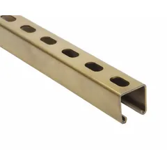 This slotted strut channel is fabricated from steel with a zinc-plated finish and gold color. It features a 12 ga gauge, 10 ft overall length, 9/16 in x 1-1/8 in holes spaced 2 in center to center. Used for supporting and mounting mechanical, electrical, and plumbing systems in construction, the slots allow easy adjustment and attachment of fittings without welding.