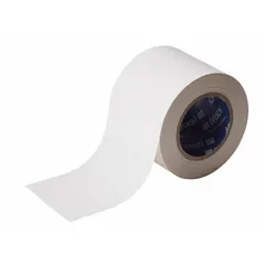 Solid white polyester floor marking tape, 4 inches wide by 100 feet long, with an 8 mil thickness. Part of the B-514 series, this tape has no printed legend and is used for marking aisles, boundaries, and safety zones in industrial facilities.