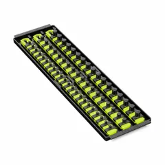 Socket organizer tray with 57 posts and slots for storing and arranging sockets. Overall width of 5 5/16 inches. Includes 288 I.D. stickers for labeling. Suitable for organizing sockets in tool storage applications.