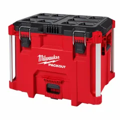 This PACKOUT tool box is constructed from polymer and features a keyed latch for secure storage. It measures 22 inches wide, 17 inches high, and 16 1/4 inches deep. The box integrates with the PACKOUT modular system for stacking and organizing tools on job sites.