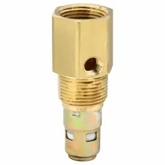 Brass check valve with 3/4 in female NPT inlet and 3/4 in male NPT outlet. Rated for maximum pressure of 500 psi. Used in pneumatic systems to allow flow in one direction and prevent backflow, commonly installed in tanks or pipelines.