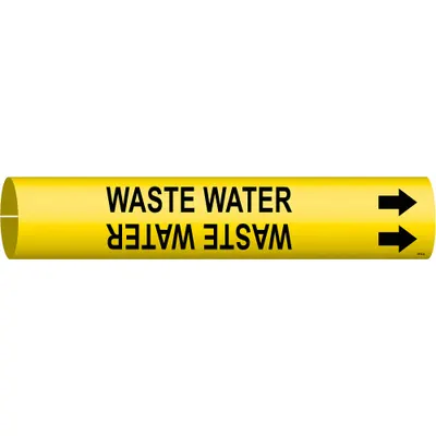 BRADY Pipe Marker: Waste Water, Yellow, Black, Fits 3/4 to 1 3/8 in Pipe O.D. - Waste Water Snap-On Pipe Markers