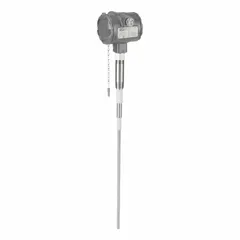 Level switch with 19-inch probe for point-level detection of liquids in industrial tanks, vessels, or pipelines. Features 3/4" male NPT process connection, NEMA 4X enclosure for washdown or corrosive environments, and contact ratings of 8 A at 120/240 V AC and 8 A at 30 V DC.