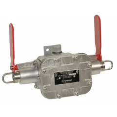 Double-head cable-pull switch with left and right pull cord locations for emergency stop applications. Features a cast aluminum case, flag arm indicator, and actuator reset. Maintained action with conduit wiring entry. AC contact rating 20 A @ 480 V, DC contact rating 0.25 A @ 250 V, 1 HP @ 125 V AC.
