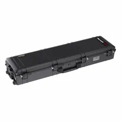 This lightweight long case measures 14 x 55 x 8 inches and weighs 25 lb. It is constructed of plastic with a black exterior, includes two wheels for mobility, and features a padlock-compatible closure system. Suitable for transporting and protecting sensitive equipment such as cameras, drones, or industrial tools in field or shipping environments.