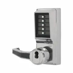 Mechanical keyless access lockset with push-button entry. Chrome finish. No batteries or wiring required; operates via mechanical combination. Suitable for high-traffic commercial and industrial door applications where key control and quick access are needed.