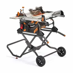 Portable table saw with folding stand for job site or workshop use. Features a 15 A motor, rip capacity from 14 9/16 in left to 25 9/16 in right, and bevel range of 0° to 45°. Operates on 110 V AC. Suitable for cutting wood, metal, and other materials in construction and general tasks.