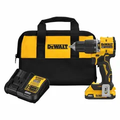 This compact cordless hammer drill operates on a 20V DC battery system and delivers 28,050 bpm for drilling into concrete, masonry, wood, and metal. It features a 1/2-inch chuck, 1/4-inch concrete capacity, two speed settings, and a 15+1 clutch with hammer mode. Includes one 2.0 Ah battery and a belt hook.