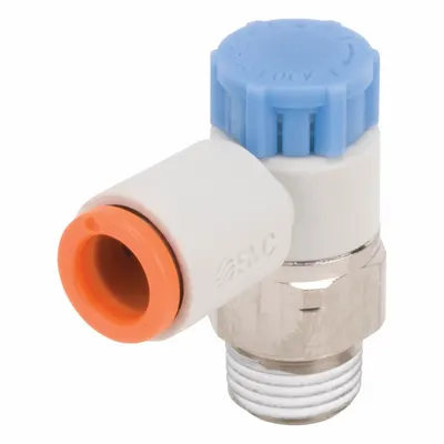 SMC Speed Control Valve: Elbow Fitting, Screw, 1/4 in/1/8 in Valve Body Size - Elbow-Style Speed Control Valves
