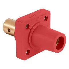 Female single pole receptacle with bus bar terminations from Series 16. Features a red straight taper nose mating design and half round with tapped hole termination. Suitable for industrial power distribution systems requiring secure high-current connections in panel and switchboard applications.