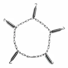 This tire chain tightener is designed for light-duty trucks. It is made of carbon steel and features a twist-link chain connection for securing tire chains. Used to maintain tension on tire chains for improved traction in snow or mud.