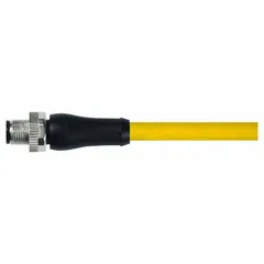 Single-ended cordset with a yellow TPE jacket for heavy-duty applications. Features an M12 male straight connector on one end and bare wire on the other. Rated IP66 for protection against dust and water jets. Suitable for connecting sensors, actuators, and automation equipment in harsh industrial environments.