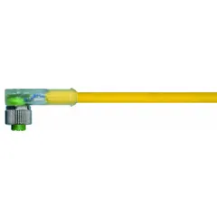 Single-ended cordset with a right-angle M12 female connector and bare wire termination. Features a yellow PVC jacket for flexing applications, 5 pins, 22 AWG wire, 4 A max current, and IP66K ingress protection. Used for connecting sensors and actuators in industrial automation, packaging, and material handling equipment.