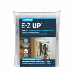 This clear plastic door from E-Z UP measures 3 ft wide by 7 ft high and includes a pre-assembled zipper. It is used as a dust barrier in industrial environments, providing a flexible opening for personnel and equipment while containing dust and debris.