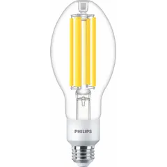 This PHILIPS LED lamp replaces traditional HID bulbs in medium screw (E26) fixtures. It operates at 25 watts with a 3000K color temperature and is designed for universal burning orientation. Suitable for commercial and industrial lighting applications such as warehouses, parking garages, and retail spaces.
