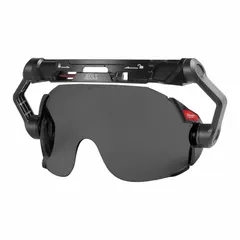 Clip-on hard hat eyewear accessory with gray polycarbonate lens and frame. Features anti-fog and scratch-resistant coatings. Provides impact protection and glare reduction for use in construction, manufacturing, and maintenance environments.