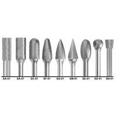 This 9-piece set of double-cut carbide burs is designed for deburring, shaping, and finishing metal, wood, and plastic. Each bur has a 1/4" head diameter and 1/8" shank, with trade number SF-51. The double-cut geometry provides smooth material removal with reduced chatter in machining, tool-and-die, and fabrication applications.