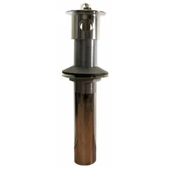 Brass sink drain with chrome finish, featuring a push-and-pull stopper for open/close control. Slip connection fits 1-1/4 in pipe. Overall height 8 in, diameter 2-1/8 in. Includes closure; no overflow. For use in sink basins without overflow.