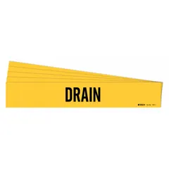 Yellow adhesive pipe marker with black legend reading 'Drain', without directional arrows. Fits pipe outer diameters from 2-1/2 to 7-7/8 inches. Sold in a pack of 5. Used to identify drain piping in industrial and commercial facilities.