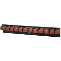 This plastic wrench rack organizes wrenches in workshops and garages. It measures 15-3/4 inches long by 2 inches wide and is designed for storing wrenches. The rack is red and made of plastic.