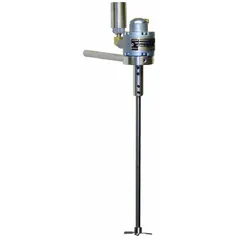 Air-powered propeller mixer with 4-blade propeller and 1/4 in Male NPT inlet. Includes clamp and stand for mounting. Used for agitating, blending, or suspending liquids in laboratory vessels.