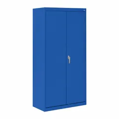 Stationary, assembled cabinet with welded steel construction and blue powder-coated finish. Features a frame base, swing handle with three-point locking system, and four adjustable shelves. Suitable for organized storage in industrial environments.