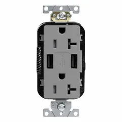 Duplex weather-resistant receptacle with integrated USB chargers, rated 125V AC, 20 A with a 5-20R configuration. Gray finish. Suitable for indoor or outdoor locations requiring both AC power and USB charging.