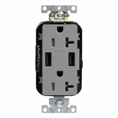 LEVITON Receptacle: Duplex, 5-20R, Gray, 125V AC - Weather-Resistant Receptacles with USB Chargers