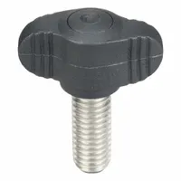 Wing knob with threaded stud for manual clamping, positioning, and adjustment on machinery, jigs, and fixtures. Plastic body with stainless steel M8 thread, 20 mm thread length, 28 mm diameter. Wing design enables hand tightening without tools