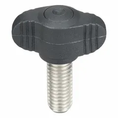 Wing knob with threaded stud for manual clamping, positioning, and adjustment on machinery, jigs, and fixtures. Plastic body with stainless steel M8 thread, 20 mm thread length, 28 mm diameter. Wing design enables hand tightening without tools.