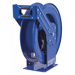 Truck-mount spring-return hose reel for dispensing lubricants and oils. Features a blue reel, brass swivel, and supports 75 ft of 3/4 in I.D. hose at up to 1,500 psi. Overall dimensions: 24 in L x 12-1/2 in W x 25-1/2 in H.