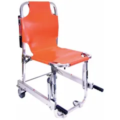 The MEDSOURCE MS-90042 is a manual-carry stair chair constructed of orange vinyl. It features a telescoping front handle for maneuverability. This chair is used for emergency evacuation transport in facilities such as hospitals, nursing homes, and commercial buildings.
