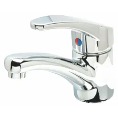 This single-post handle bathroom faucet features a chrome finish over brass construction. It has an arc spout and a flow rate of 2.2 gpm. Mounting hardware is included. Suitable for restroom sinks in commercial and institutional settings.