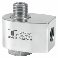 Nickel-plated C38500 brass rotary union with a single passage and 1/4 in rotating shaft, rated for air service up to 30 RPM. Used to transfer air from a stationary supply into rotating equipment such as reels, drums, or spindles in industrial machinery.