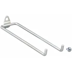 Steel double rod hook with zinc-plated silver finish for round-hole pegboards. Screw-in locking system secures hammers. Includes mounting screws. Pack of 5.