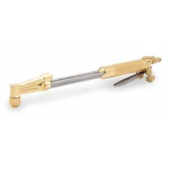 This Harris-Style handheld cutting torch has an 18-inch length and a 90° head for access in confined spaces. It features a 9/16"-18 inlet connection. Used for oxy-fuel cutting of steel and ferrous metals in fabrication, maintenance, and repair.