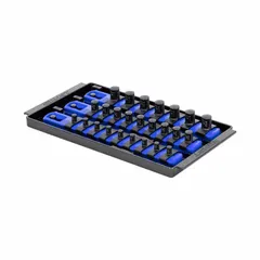 Socket organizer tray with 25 posts/slots for storing sockets. Overall width of 5 5/16 inches. Includes 288 I.D. stickers for labeling. Suitable for organizing sockets in toolboxes or workshop drawers.