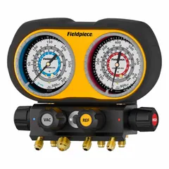 This 4-valve analog manifold gauge set features a 3-inch gauge and ball valve hose connections. It includes a sight glass and is compatible with R-22, R-32, R-410A, and R-454B refrigerants. Used by HVAC technicians for system service, charging, and diagnostics.