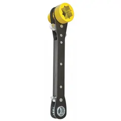 SAE 4-in-1 ratcheting box end wrench with 4-point design for secure grip on hex fasteners. Features 3/4 in and 9/16 in head sizes, 12 in overall length, and reversing mechanism. Black oxide finish. Suitable for tightening and loosening fasteners in mechanical and industrial maintenance applications.