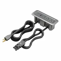 Rectangular recessed-mount furniture power strip with three 5-15R tamper-resistant receptacles and one Type C USB connector. Includes a 10 ft power cord. Suitable for integrating power and charging into furniture surfaces in commercial or office settings.