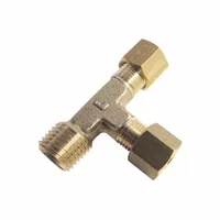 Brass compression tee fitting with standard sleeve design. Connects and branches tubing in fluid systems. Configuration: 1/8 in pipe thread x 6 mm OD x 4 mm OD