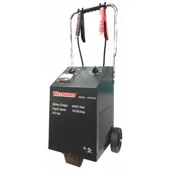 This automatic wheeled battery charger provides boosting, charging, and maintaining for AGM and lead-acid batteries. It delivers a 200 A boost current at 12V and a 40 A charging/maintaining current at 6V, with auto on/off functionality. Suitable for use in automotive and industrial battery service applications.