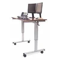 This manual adjustable-height desk features a 48-inch wide by 29.5-inch deep Dark Walnut melamine desktop on a silver steel frame. The user-operated height mechanism allows flexible sit-stand positioning, suitable for office, laboratory, or industrial workstations where ergonomic adjustment is needed