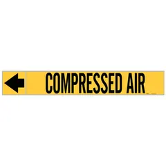 Yellow adhesive pipe marker with black 'Compressed Air' legend and directional arrows. Designed for pipe outer diameters of 1-1/2 to 2 inches. Each roll contains 25 markers. Used to identify compressed air lines in industrial piping systems.