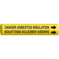 Yellow snap-on pipe marker with black legend reading 'Danger Asbestos Insulation' and directional arrows. Fits pipe outer diameters from 3/4 to 1-3/8 inches. Used to identify pipes containing asbestos insulation in industrial facilities, power plants, and refineries