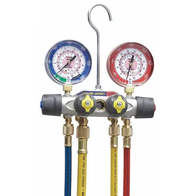 YELLOW JACKET Manifold Gauge: 4 Valves, 4 Hoses, Series Titan - Analog Manifold Gauge Kits