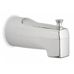 This MOEN bathtub spout features a pull-up diverter to redirect water flow from the tub spout to a showerhead. It has a slip-fit connection for easy installation and a chrome finish. The spout reach is 5-1/4 inches, and the body is made of plastic. Suitable for residential and light commercial plumbing applications.