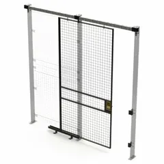 This woven-wire slide door is a component of a quick-assemble partition system. It provides controlled access to enclosed storage areas while maintaining visibility and airflow. Constructed of steel with a black powder-coated finish, the door measures 8 ft high by 4 ft wide by 1 3/4 in deep.
