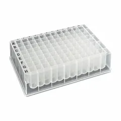 This 96-well deep well plate is made of colorless polypropylene with square wells of 8.2 mm diameter and 1.6 mL capacity. It is certified RNase/DNase free, suitable for high-throughput sample storage, processing, and assay preparation in molecular biology workflows.